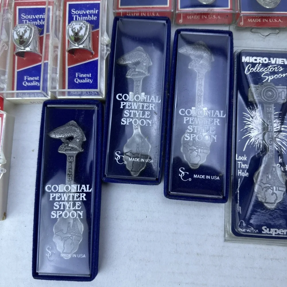 Lot of 37 Souvenir Spoons & Thimbles Michigan Silver Plated Collectors MicroView